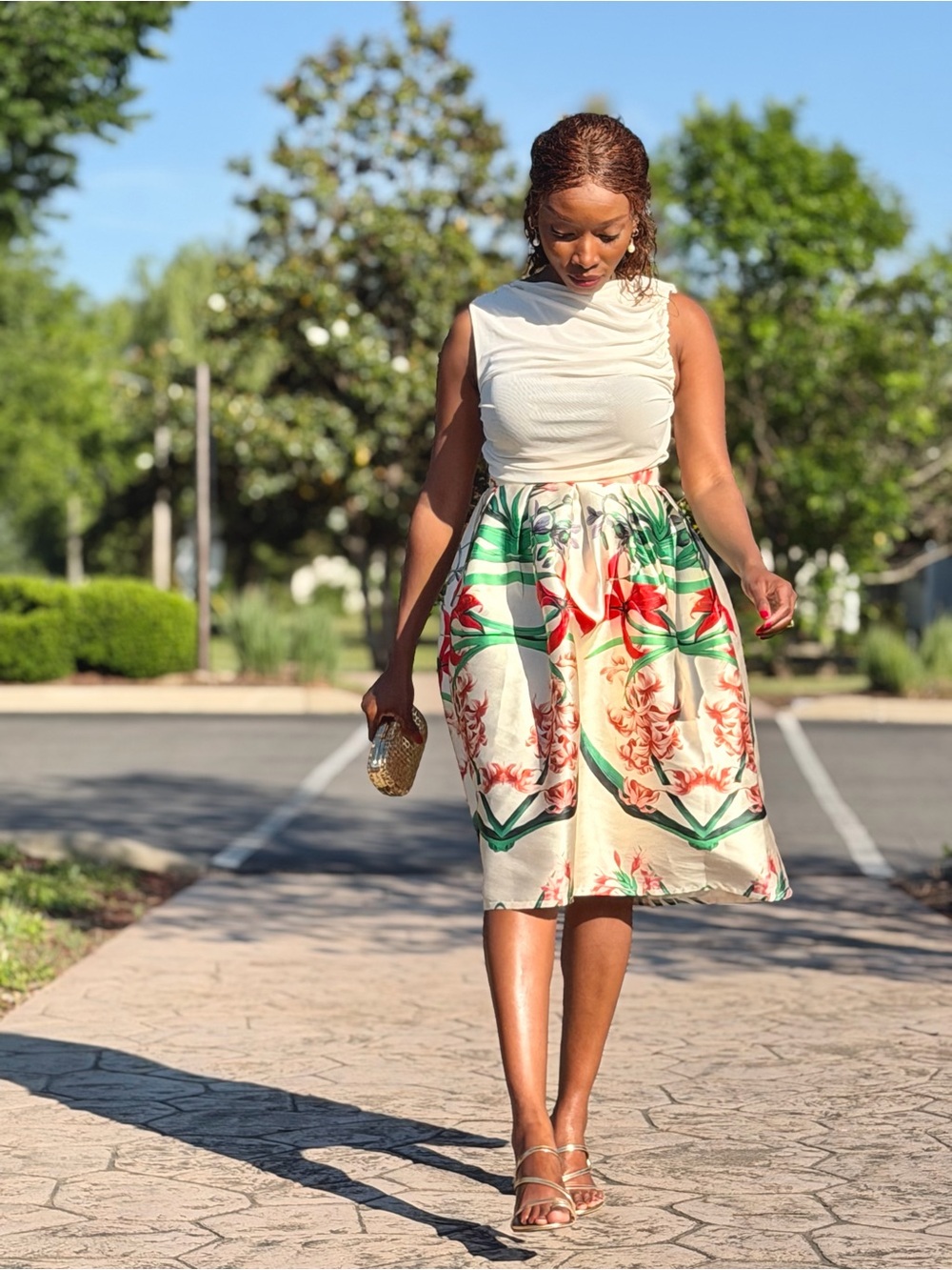 Cream Floral A-Line Midi Skirt with Green & Red Accents
